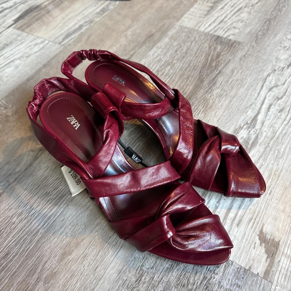 Zara Burgundy Leather Strappy Heeled Sandals